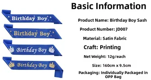 Detail of satin Birthday Boy sash in blue with gold stars, 160x9.5cm party accessory