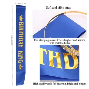 Birthday King set with blue satin sash and gold crown for men birthday party accessories