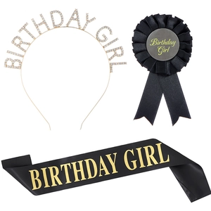 Birthday Girl party set with rhinestone headband, satin sash and ribbon badge