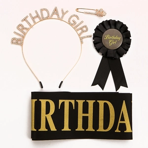 Birthday Girl party kit with gold rhinestone headband, satin sash and badge set