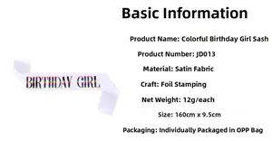Detail of white satin Birthday Girl sash featuring rainbow gradient foil lettering
