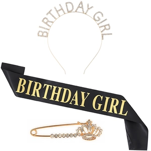 Birthday girl set including sparkling rhinestone headband, black satin sash and crown pin