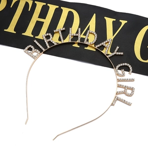 Golden Birthday Girl headband set with glittering rhinestones and elegant black satin sash