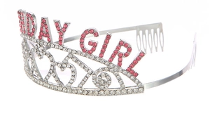 Close-up of Birthday Girl crown headband with pink rhinestones and heart details