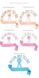 Détail des sets de fête Mommy to Be avec tiares en strass et écharpes en soie en cinq coloris