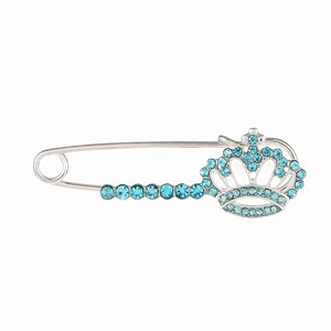Broche épingle à nourrice couronne argentée sertie de cristaux strass bleu clair étincelant
