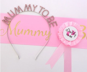 Set serre-tête Mummy To Be, écharpe en satin et badge Daddy To Be pour fête prénatale