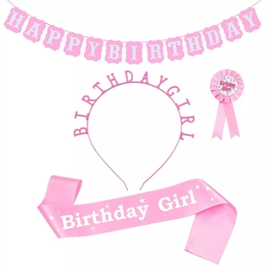 Pink birthday girl party set including sash, headband, badge and happy birthday banner