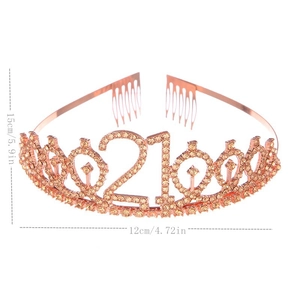 Detailed view of rose gold 21st birthday crown with white rhinestones and side combs