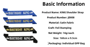 Close-up of Birthday King satin sash with gold foil print and crown icon details