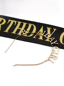 Detail of golden Birthday Girl headband and sash set for party celebrations