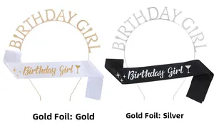Detail of BIRTHDAY GIRL headbands and polyester satin sashes in gold and silver options
