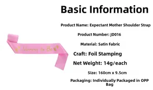Detail showing pink satin Mommy to Be sash with golden footprints and text JD016
