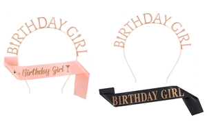 Detail view of Birthday Girl headband and satin sash party sets in pink and black