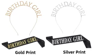 Close-up of gold and silver Birthday Girl metal headbands with black satin sashes