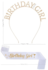 Detailed dimensions of the gold Birthday Girl headband and white glitter satin sash set