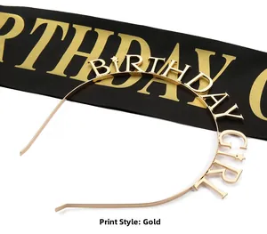 Detail of gold Birthday Girl headband with matching black and gold party sash set