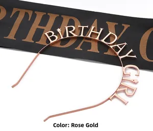 Detail of rose gold Birthday Girl headband and sash with metallic mirror finish