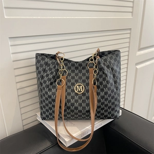 Chic tote bag with grey M letter print, brown chain straps, and golden logo detail