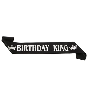 Elegant black satin sash for men with silver Birthday King text and crown for parties
