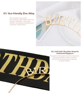Detail of gold BIRTHDAY GIRL alloy headband and black satin sash with gold foil text