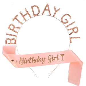 Serre-tête Birthday Girl or rose avec strass roses et ensemble écharpe en satin