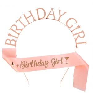 Birthday Girl party set with rose gold metal headband and pink satin sash for girls