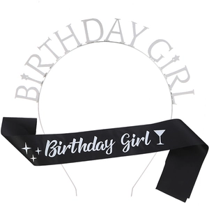 Silver Birthday Girl headband and black satin sash set for party celebrations