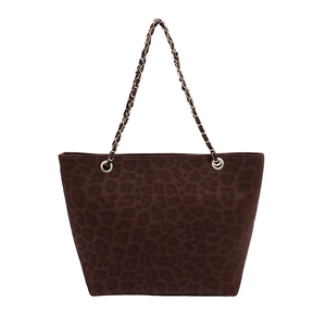 Brown leopard print suede tote bag with gold chain strap and large capacity design