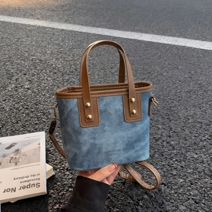 Women Vintage PU Leather Splicing Bucket Bag Large Capacity Casual Shoulder Crossbody Bag Handbag For Everyday Commuting