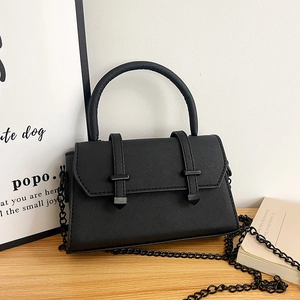 Elegant black Saffiano leather crossbody bag with chain strap and belt decor