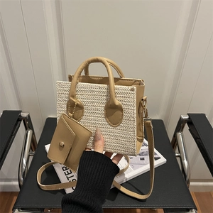 Petit Sac Cabas pour Femmes Style Japonais en Paille Tissée et Cuir PU Avec Pochette Amovible Sac à Bandoulière Mode