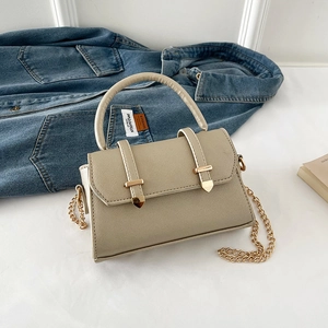 Champagne mini leather crossbody bag with chain strap and gold hardware accents