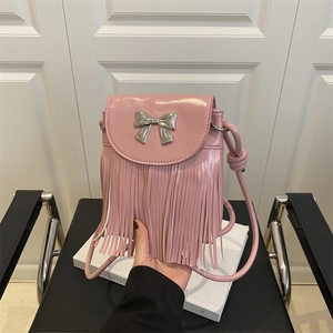 Pink crossbody bag with fringe tassels and mirror bow buckle, large capacity square bag