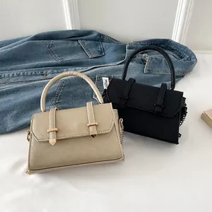 Minimalist small square crossbody bag with belt buckle decoration in beige and black