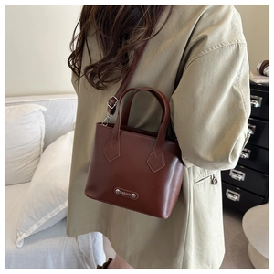 Detail einer braunen Ledertasche mit Metallemblem und verstellbarem Schultergurt
