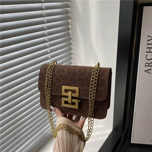 Vintage leopard print crossbody bag with gold square buckle and metal chain strap
