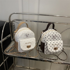 Women Mini Fashion Backpack Canvas PU Leather Polka Dot Cat Print Casual Daypack Chain Strap Metal Twist Lock Small Bag