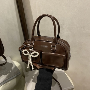 Vintage Glossy PU Leather Boston Shoulder Bag Spacious Handbag With Artificial Pearl Bow Charm For Women Commuting Crossbody Bag