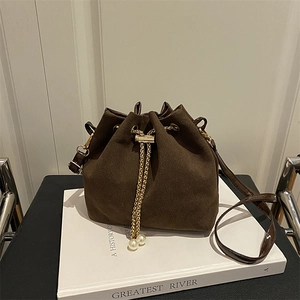 Frosted Suede Texture Bucket Bag With Artificial Pearl Gold Chain Drawstring Crossbody Shoulder Handbag Vintage Style For Women