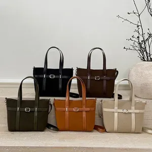 Sac fourre-tout en tissu avec poignées en cuir et bandoulière réglable en cinq couleurs