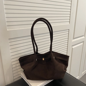 Vintage dark brown frosted leather large tote bag with minimalist golden metal buckle