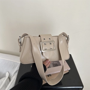 Vintage Large Buckle PU Leather Shoulder Bag For Women Solid Color Rivet Decor Underarm Bag Minimalist Commute Handbag