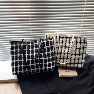 Minimalist large plaid tweed tote bag with leather straps for women commute