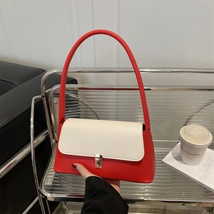 Women Retro Color Block PU Leather Shoulder Underarm Bag Minimalist High Capacity Metal Buckle Daily Commute Office Handbag