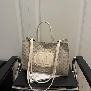 Women Monogram M Letter Print Tote Bag Large Capacity PU Leather Shoulder Bag Crossbody Handbag Fashion Casual Bag