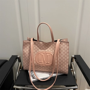 Pink and beige tote bag with M-letter print and adjustable shoulder strap for women