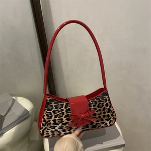 Sac à Épaule Imprimé Léopard pour Femme Rétro Nœud Sac Sous le Bras en Cuir PU Sac Baguette Mode