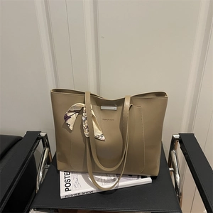 Women Vintage PU Leather Large Tote Bag With Silk Scarf Decor Elegant Minimalist Shoulder Handbag For Daily Office Commuting