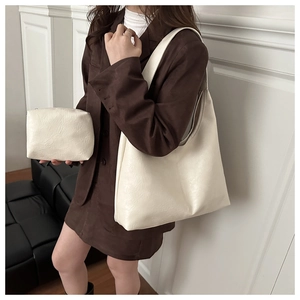 Chic cream white large tote bag and matching inner pouch set in soft textured PU leather